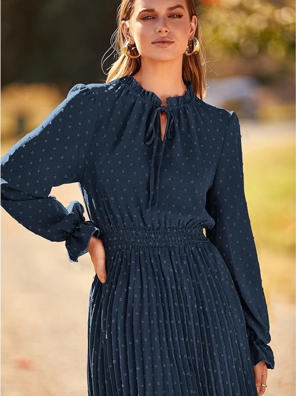 Elegant Navy Blue Long-Sleeve Pleated Dress